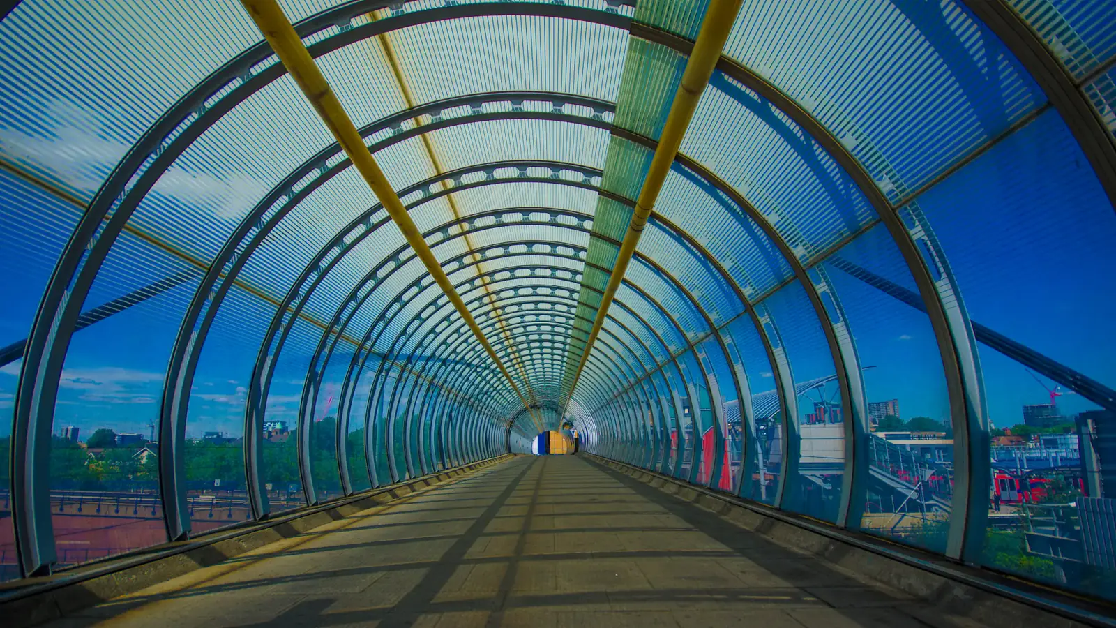 A long blue-tinted pedestrian bridge receding to a vanishing point — one-point perspective on the path of human adaptive capacity.