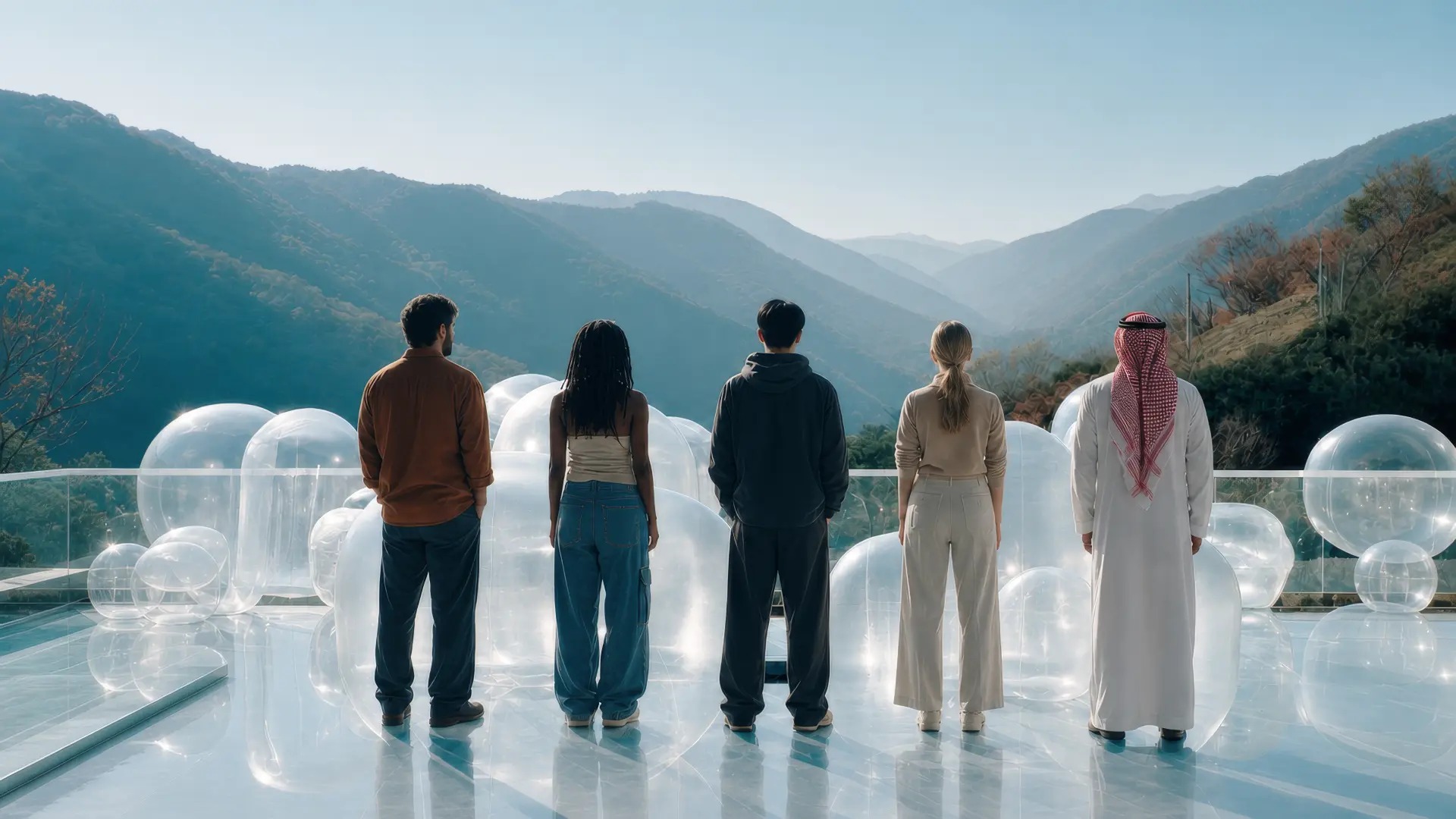 Five people seated in bubble chairs facing a mountain view